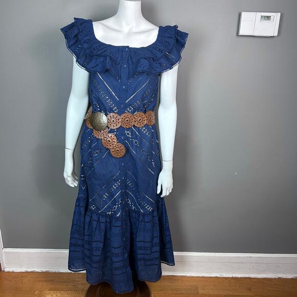 Boston Proper dress Medium western blue maxi off shoulder eyelet boho NWT - Picture 2 of 15